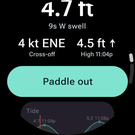 Home screen showing swell, wind, tide and a Paddle out button