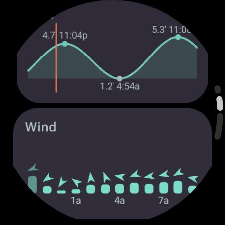 Home screen cards: tide curve with highs and lows labeled, and hourly wind bars with direction arrows