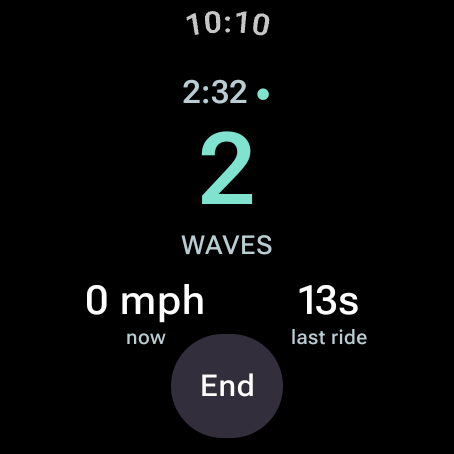 Recording screen with elapsed time, one wave, current speed and last ride length