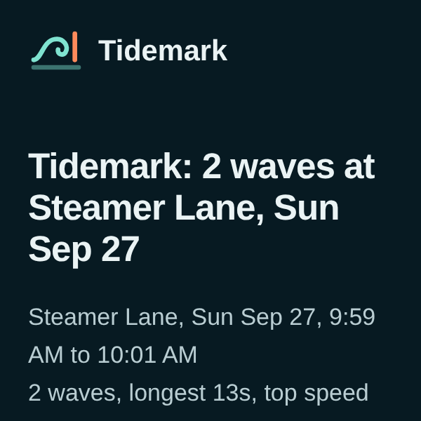 The session page: Tidemark, 2 waves at Steamer Lane, with the session and its first wave