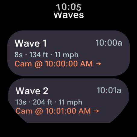 Wave cards on the watch: Wave 1 and Wave 2, each with its Surfline cam time